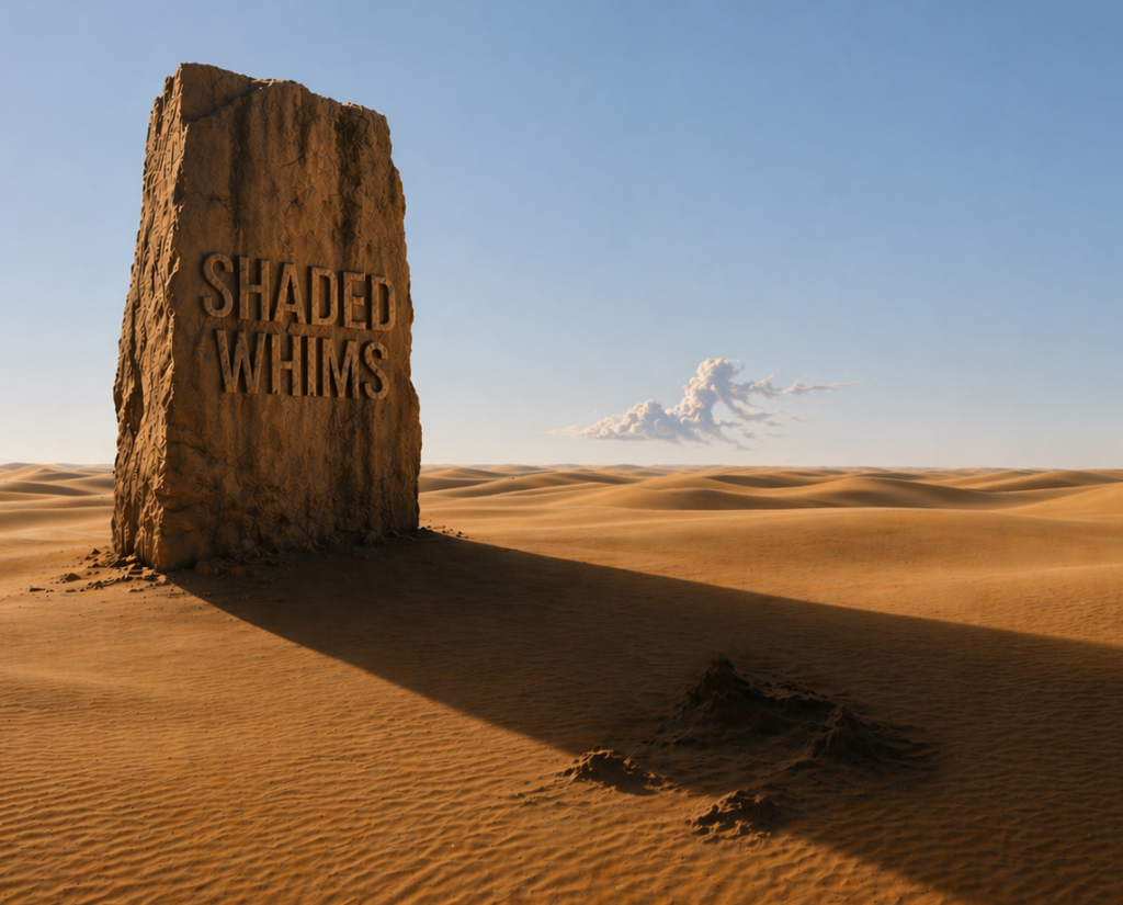 “Desert monument casting a long shadow with subtle shapes in the sand under a pale sky”