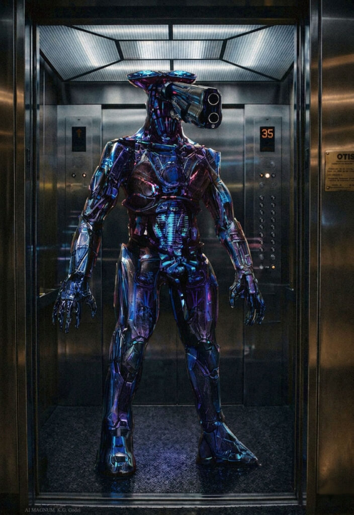 ARES – the gun-headed cybernetic humanoid standing inside a stainless steel elevator, from the book AI Magnum