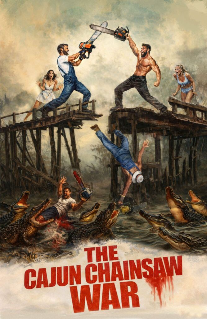 Illustrated movie poster of two men fighting with chainsaws on a broken wooden bridge above a swamp filled with attacking alligators, as people fall into the water below.