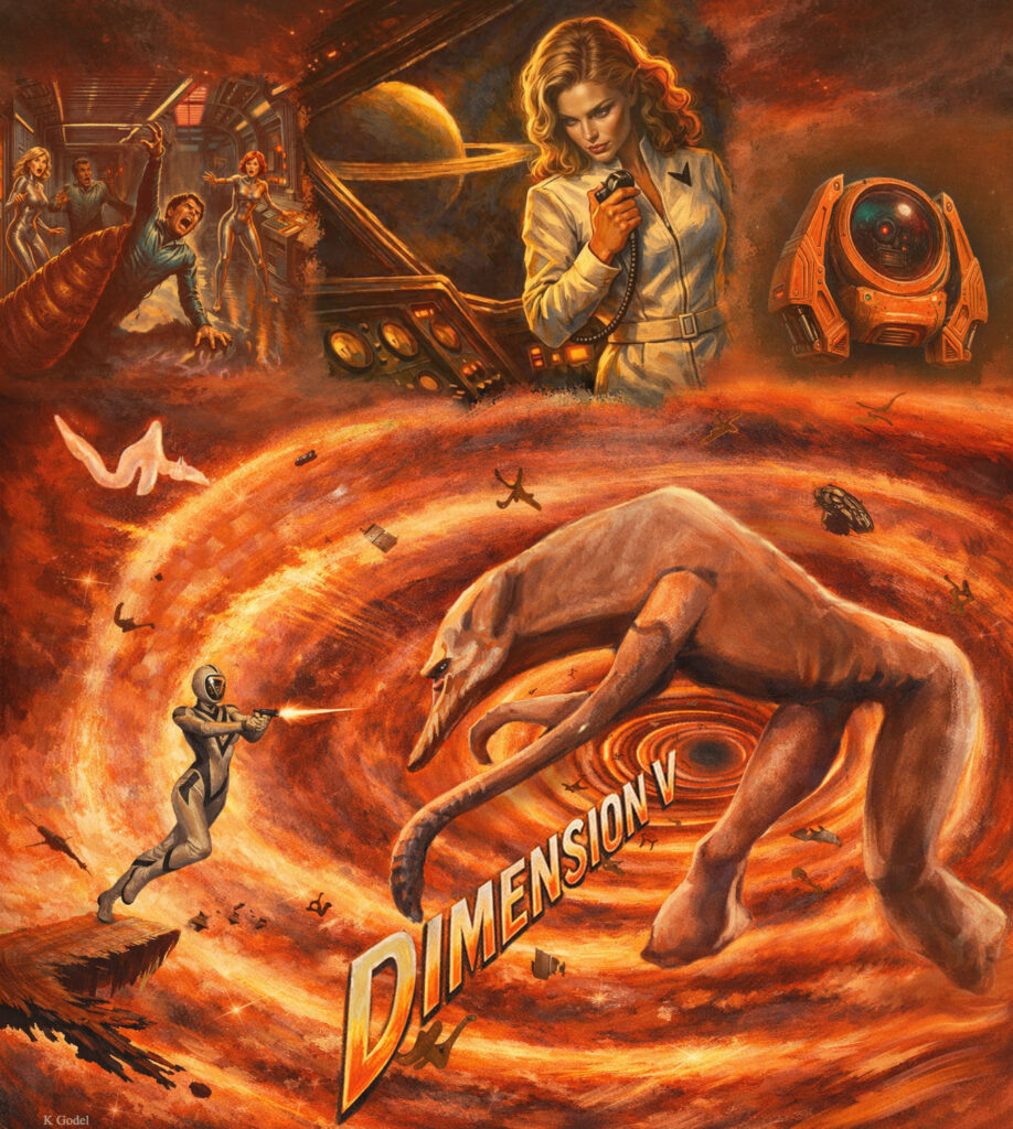 Dimension V retro sci-fi movie poster featuring a giant monstrous creature called the Hood Monster, a helmeted astronaut called the Dimenaut firing a weapon, a woman in a spacesuit with wings, and dramatic scenes of a spaceship and fiery dimensional portal