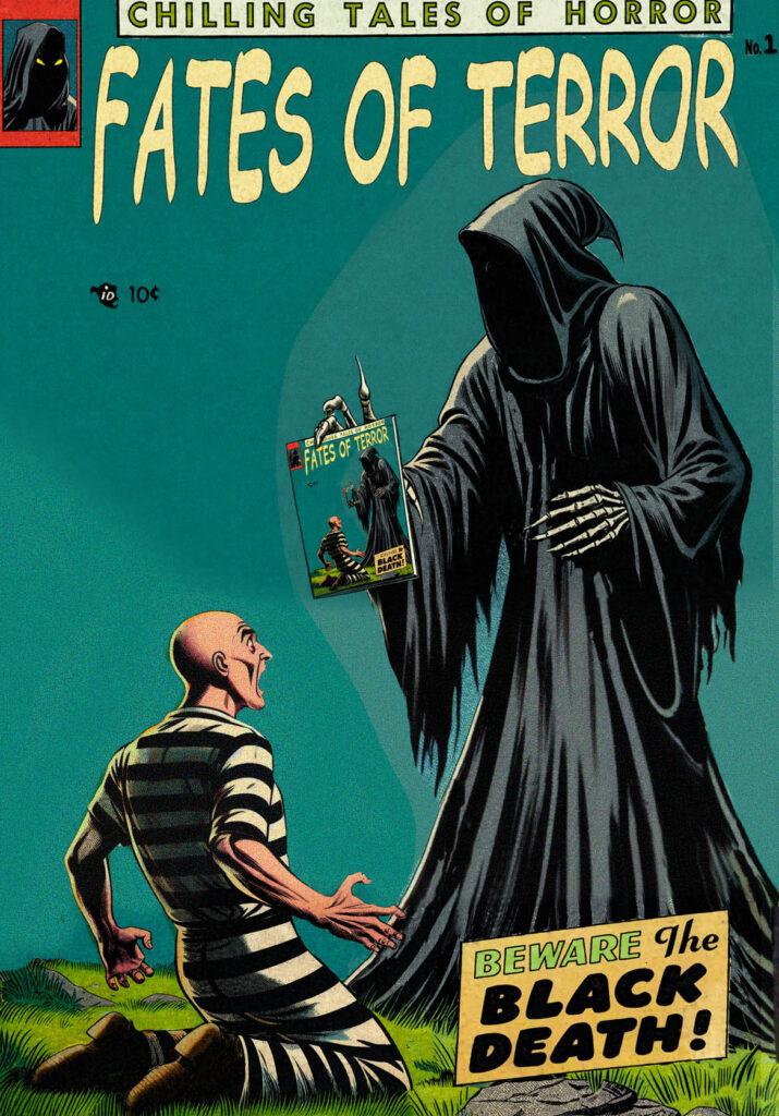 "Retro horror comic book cover titled 'Fates of Terror' featuring a tall hooded grim reaper-like figure showing a comic to a terrified bald prisoner in striped uniform kneeling on the grass"

