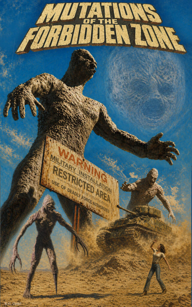 Retro film poster of giant mutations in desert threatening woman by a battle tank.