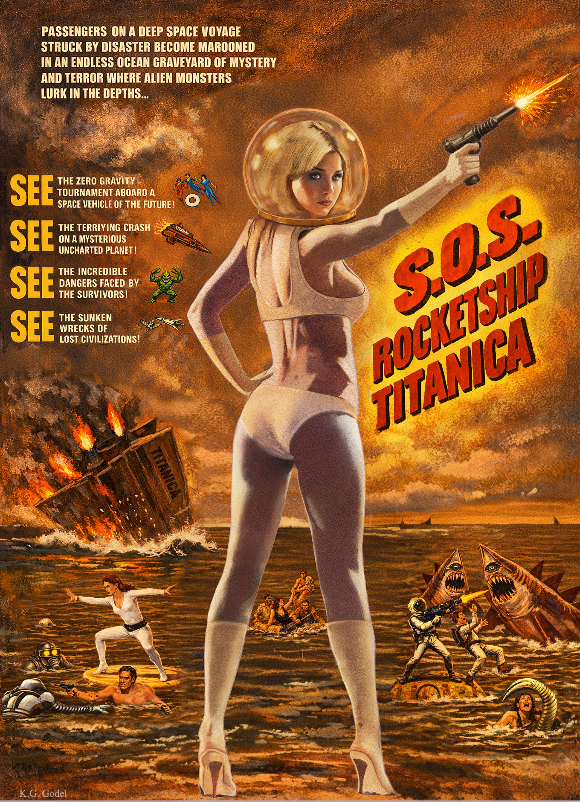 S.O.S. Rocketship Titanica fake retro sci-fi movie poster featuring a blonde woman in a white spacesuit and bubble helmet holding a ray gun, with a sinking spaceship labeled Titanica, alien sea monsters, and dramatic disaster scenes in the background


