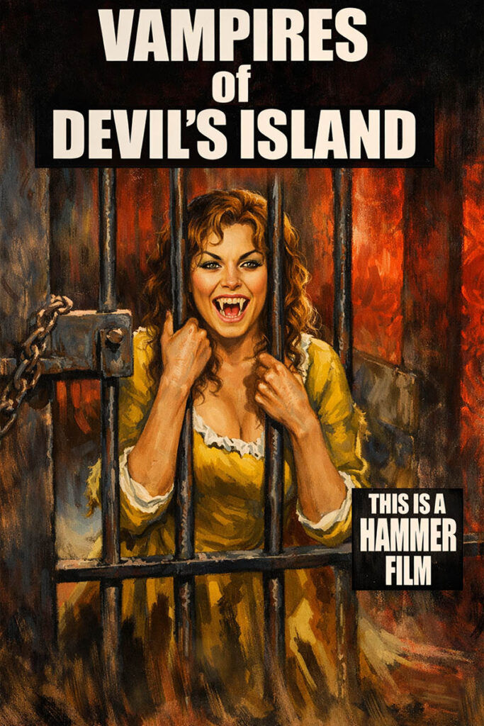 fake Hammer horror movie poster featuring a snarling female vampire with fangs behind prison bars, painted in classic retro style