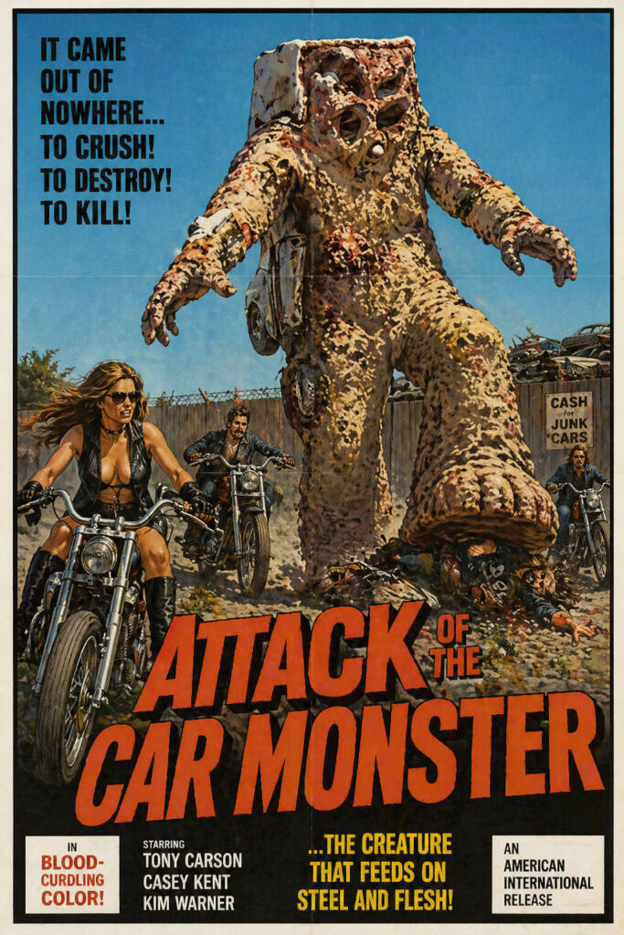 Fake movie poster of mutant car monster attacking motorcycle riders in vicinity of junk yard.