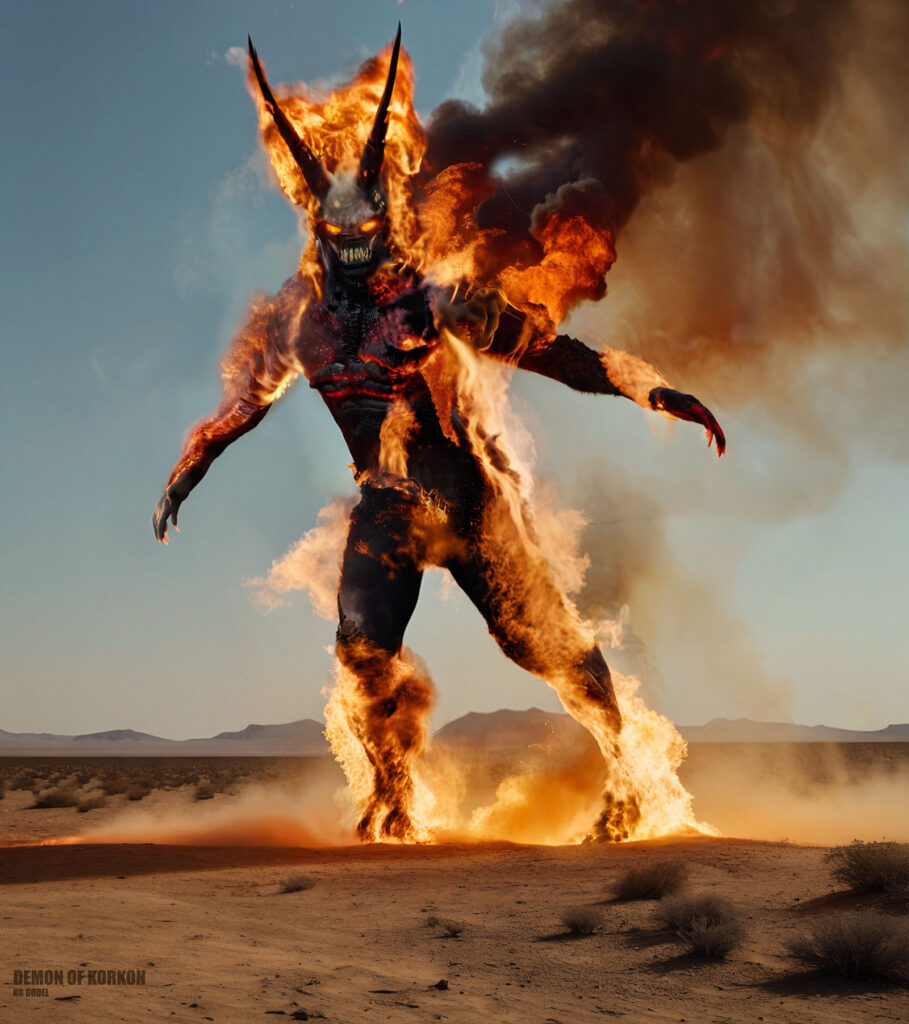 A demonic guardian rises from the scorched earth — the infernal entity bound to Korkon the barbarian, forever haunting his path through an ancient world.
