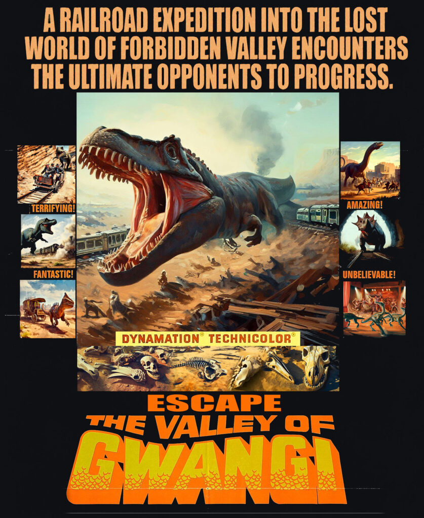 Fake poster for dinosaur adventure film showing montage of dinosaur scenes in an old West setting.