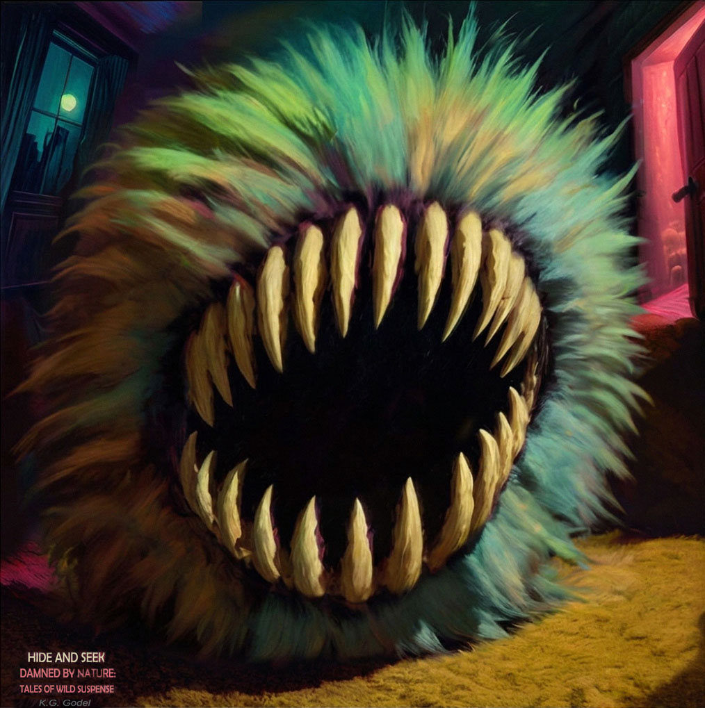 "A gigantic, vibrantly colored furball monster with a horrifying maw of sharp teeth lurks in a dark apartment bedroom, lit by moonlight and an ominous pink doorway."