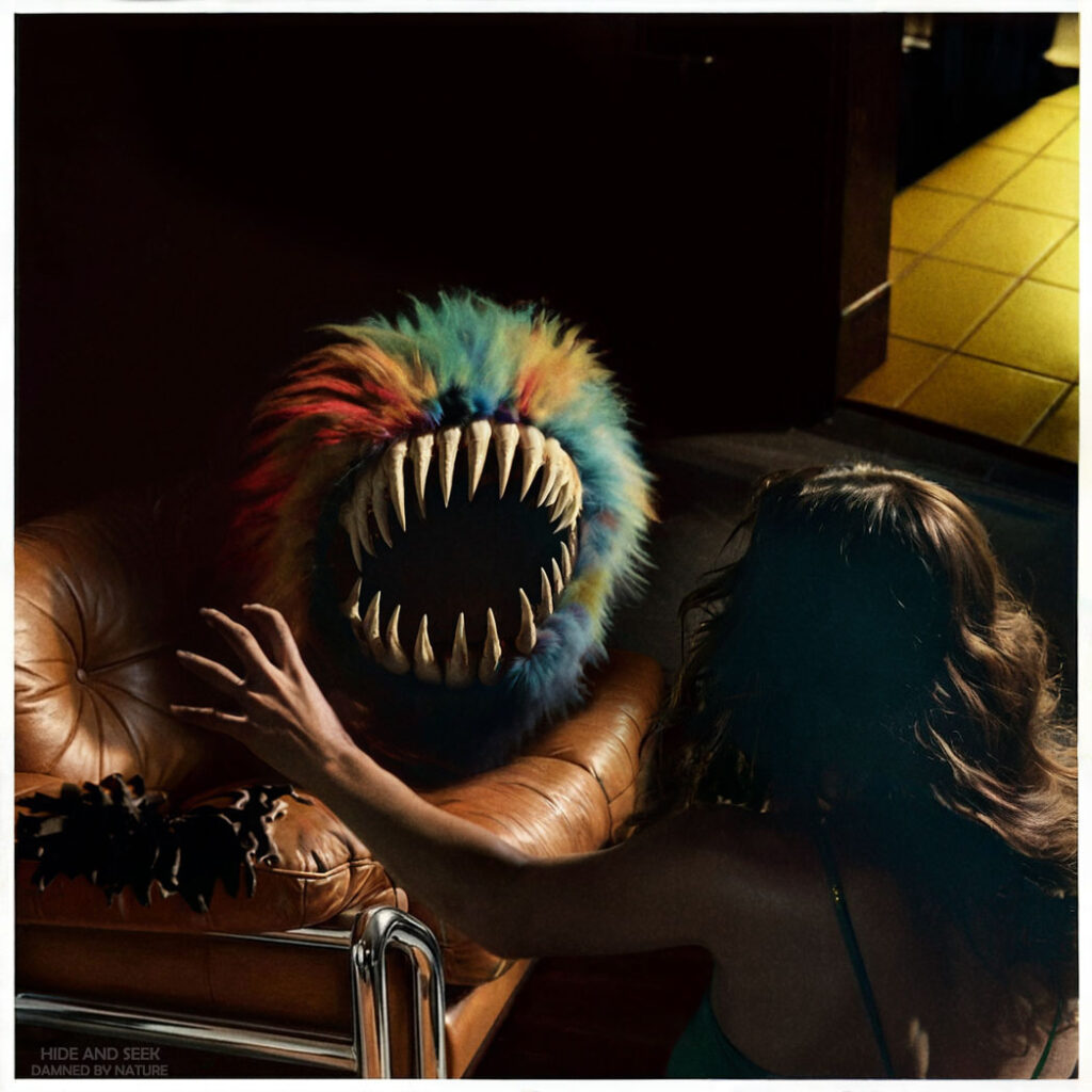 "In the dim light of her apartment, a woman reacts in horror to a strange, vibrantly colored ball of fur with massive, jagged maw."