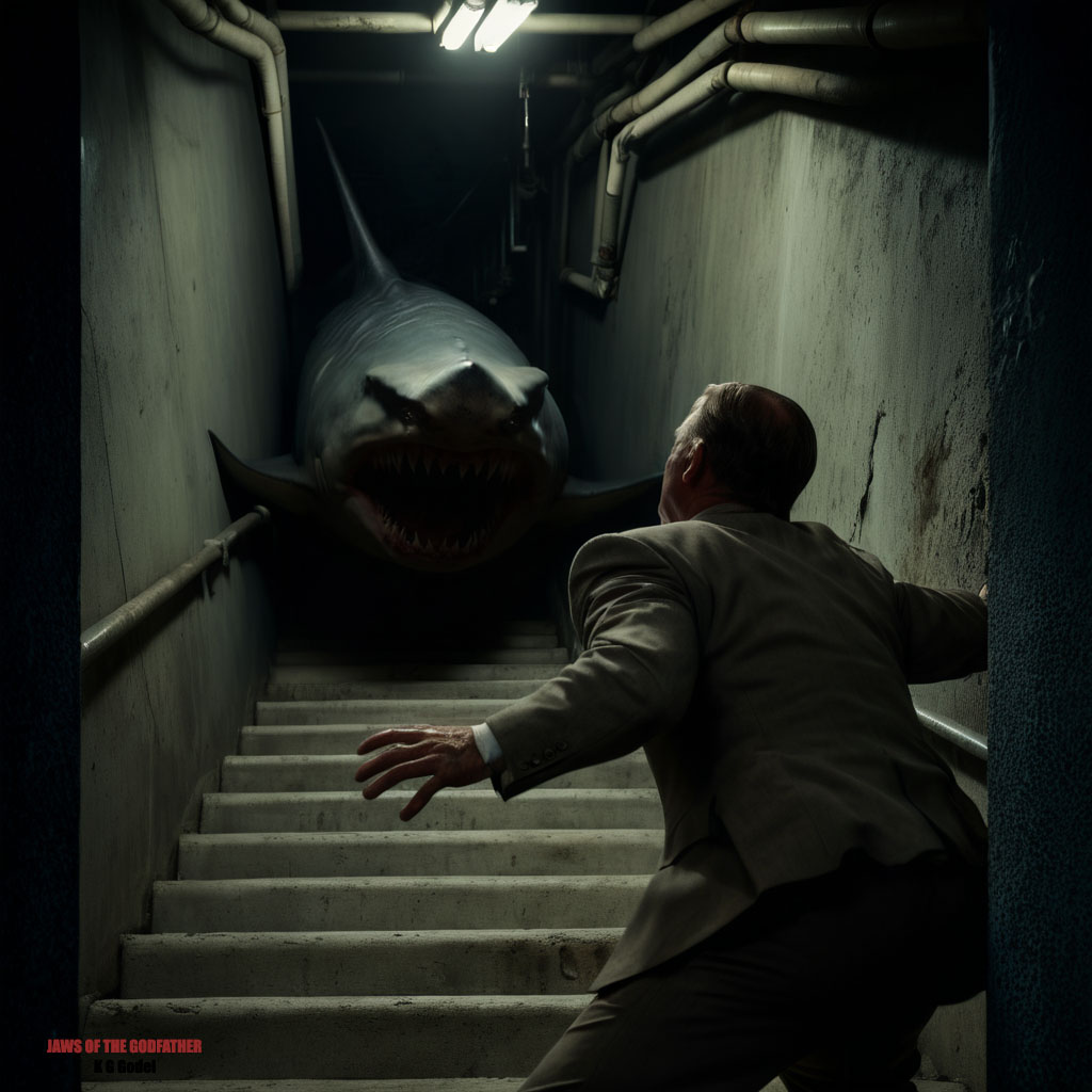 A man in a suit recoils on a narrow basement staircase as a massive shark ceature charges toward him through the dimly lit corridor above.