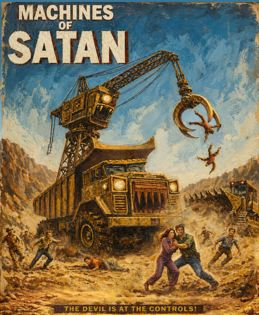 Fake movie poster showing monstrous construction machines attacking people in canyon-like pit.
