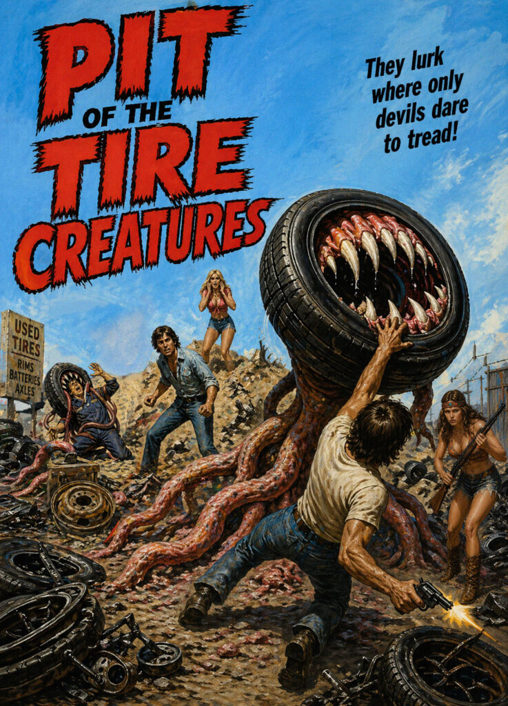 Monstrous mutants inside tire wheels attacking people in automobile scrap yard.