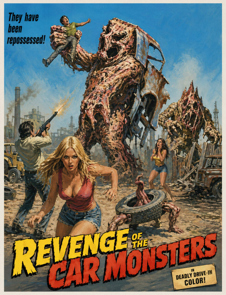 Fake movie poster of mutant car monsters threatening people in industrial scrap yard.