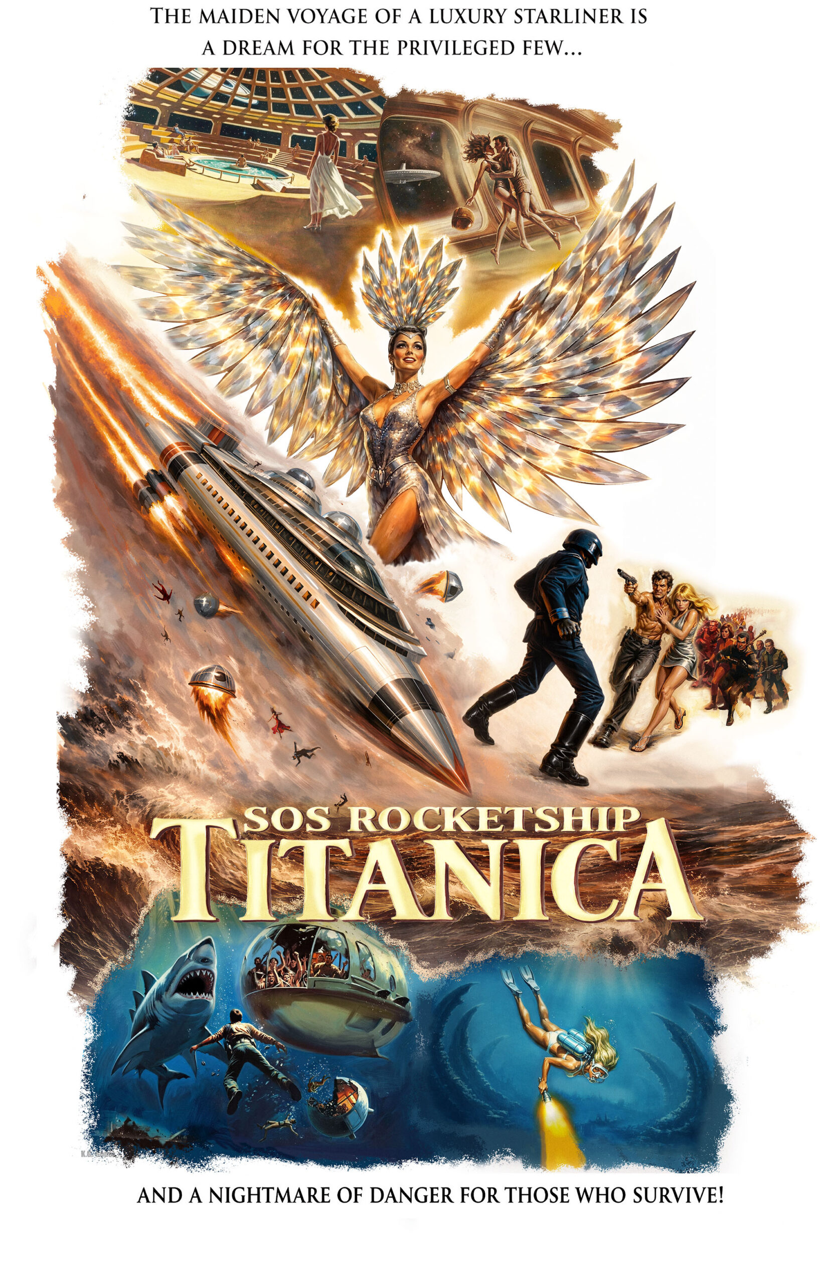 SOS Rocketship Titanica epic retro sci-fi disaster movie poster featuring a glamorous winged showgirl flying beside a crashing luxury starliner spaceship, with dramatic disaster scenes including sharks, underwater escape pods, and survivors in a space-ocean catastrophe