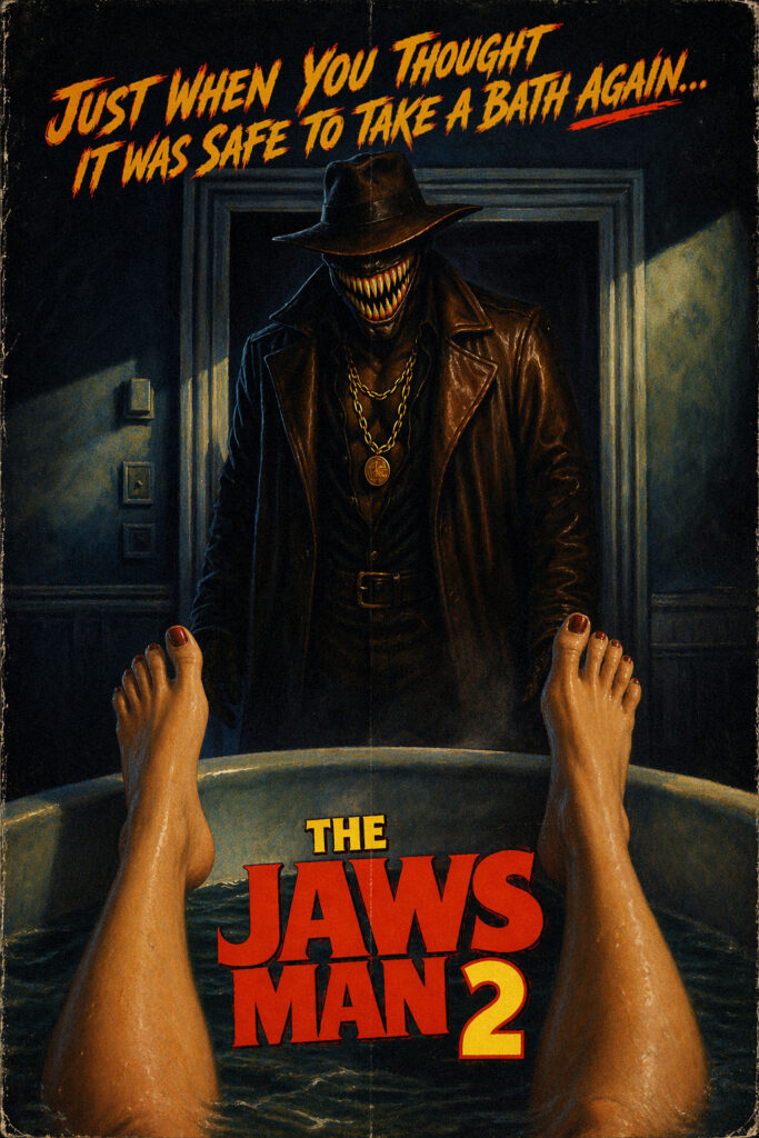 Fake movie poster of figure in trench coat and hat with shark teeth facing bathtub in foreground with woman's feet visible.