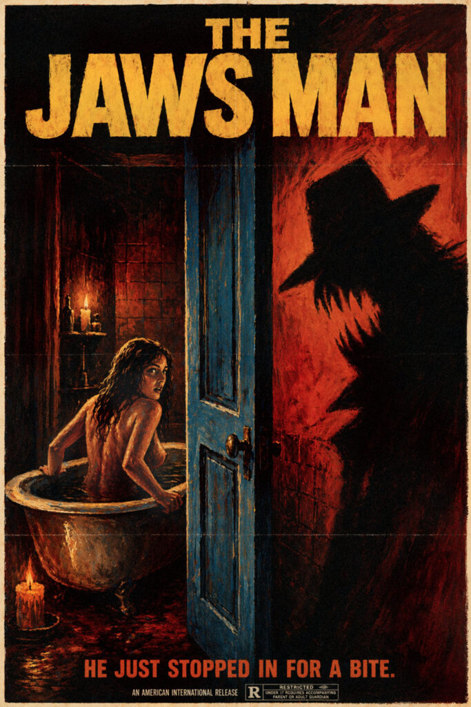 Fake movie poster of woman in bathtub with sinister shadow of monstrous figure on wall